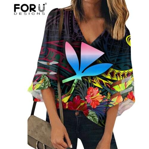FORUDESIGNS Women Tops Kananka Polynesian Hibiscus Flower Summer Half Sleeve Tops Female Breathable Loose Blouse for Girls
