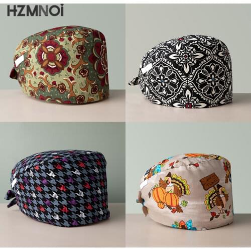 2021 Cotton Cartoon Print Breathable Pet Hospital Surgeon Dental Oral Beauty Salon Chef Female Medical Nurse Cap Scrub Cap