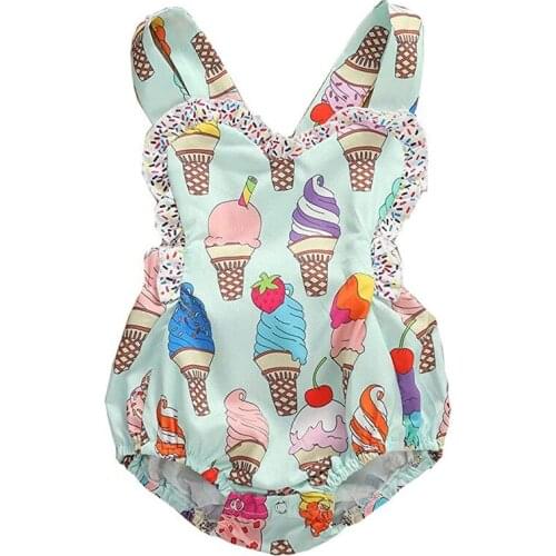 Pudcoco Newborn Set Baby Girls Ruffled Bodysuit Jumpsuit Headband Summer Ice Cream Outfit Clothes 0-24M