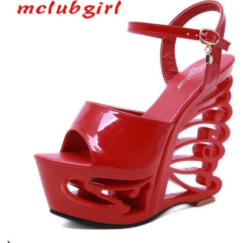 Mclubgirl 2020 Summer Fashion Leather Buckle Wristband Metal Decorative Water Table Shaped Heel Ultra High Heel Sandals LFD