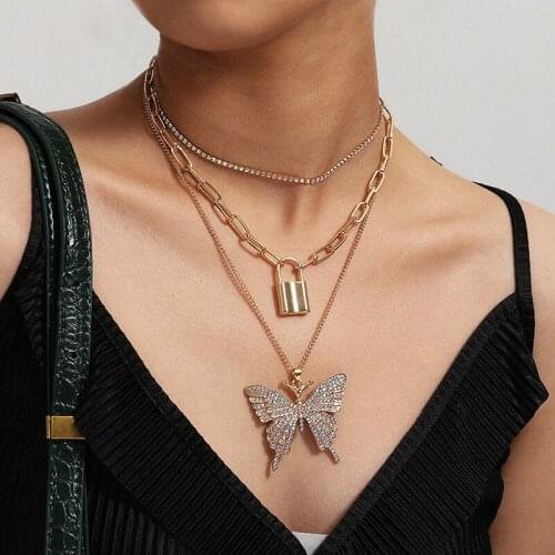 Exaggerated Multilayer Colorful Rhinestone Butterfly Lock Pendant Necklace Women Geometric Thick Chain Necklace Jewelry XR3128