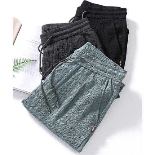Fashion Summer Men Sport Pants Ice Silk Breathable Drawstring Elastic Waist Pants Plus Size Trendy Baggy Male Straight Trousers
