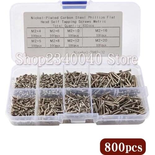 800Pcs/set Self Tapping Screws M2*4/5/6/8/10/12/16/2mm Nickel plated Pan Head Phillips Sheet Metal Screws Assortment Kit