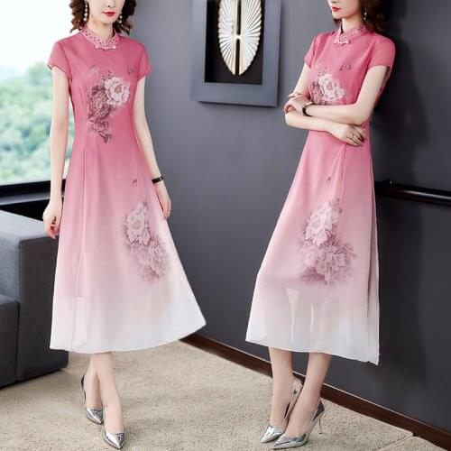 Chinese style dress for women long summer new Short-sleeved dress ladies improved cheongsam dress imitation silk Spring elegance