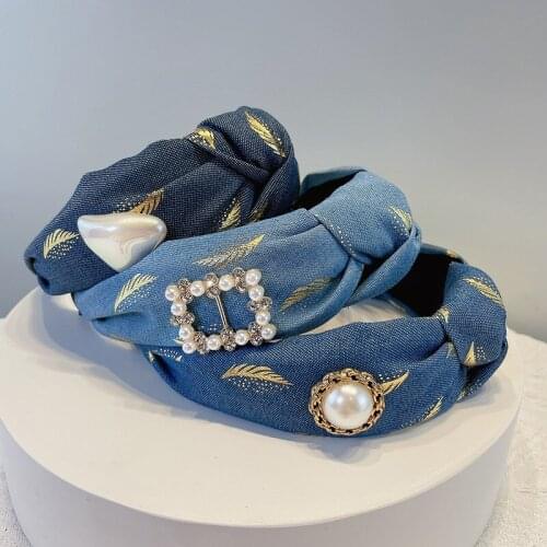 Denim Middle Knot Hairbands Cross Headband for Women Hair Accessory Handmade Shining Big Baroque Pearls Ornament Turban Headwear