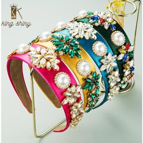 Vintage Baroque Color Crystal Flower Headband for Woman Elegant Simulated Pearl Solid Color Fabric Hairband Girls Party Headwear