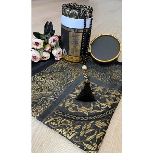 WONDERFUL COLOR Kaaba Patterned Boxed Prayer Rug Set Muslim Islamic Gift Black Polyester Rosary Unisex FREE SHİPPİNG