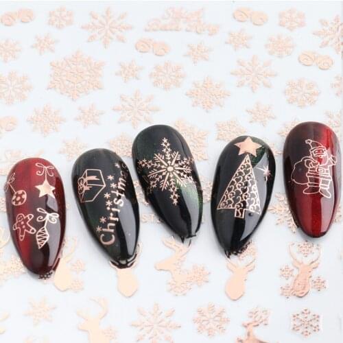 Rose Gold 3D Nail Art Sticker Christmas Design Snowflake Santa Xmas Tree Metal Nail Decorations Slider Polish Tips JISTZG050-058