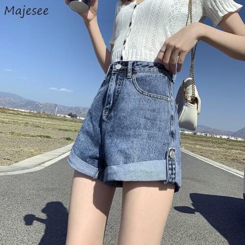 Shorts Women Pockets Denim Streetwear Ulzzang Chic High Waist Classy Girls Students Washed Distressed Loose Casual All-match New