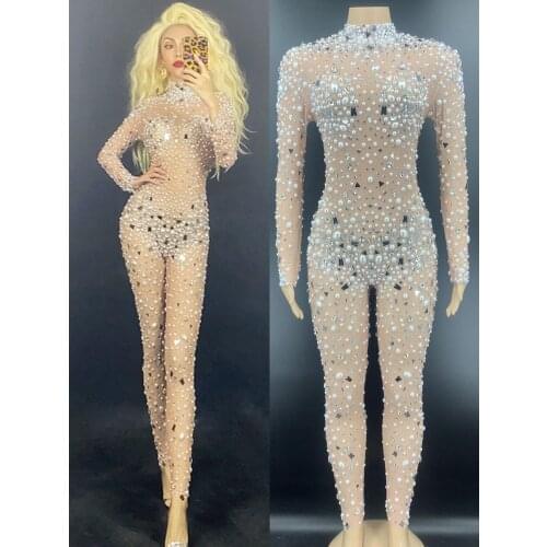 Modern Gogo Costumes Women Nightclub Wear Sexy Transparent Jumpsuit Rhinestone Mirror Pearl Singer Bodysuit Stage Outfit VDB2633