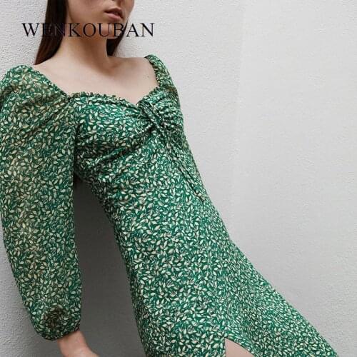 Green Dress Women Floral Printed Dress Spring Long Sexy Party Dress Female Long Sleeve Boho Maxi Dress Elegant Robe Femme