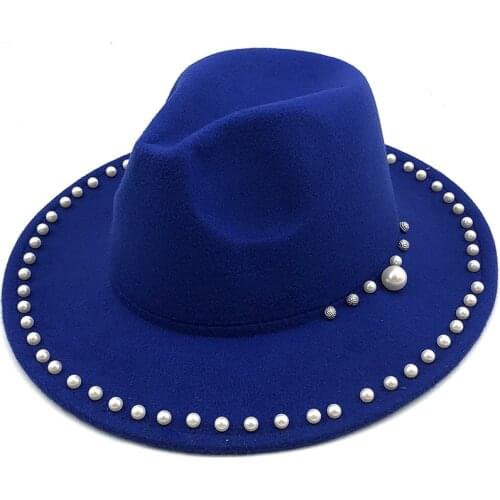 Pearl winter woolen big brim jazz top hat ladies fedora hat fashion casual big brim jazz hat church hat mens wedding hat