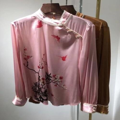 2021 New Women Summer Fashion Runway Cheongsam Shirts Silk Print Pearl Buttons Loose Blouses High Quality Tops