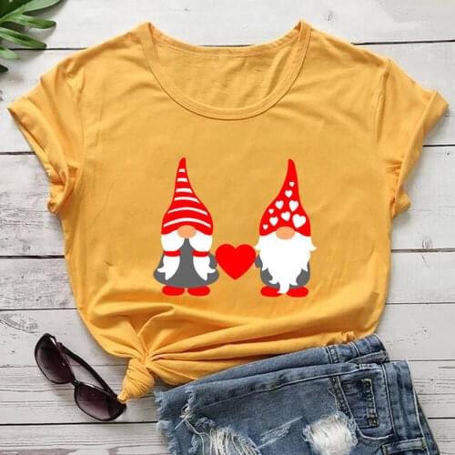 Gnome With Heart Valentines Day Colored Printed 100%Cotton Womens T Shirt Spring Casual O-Neck Pullovers Short Sleeve Tops