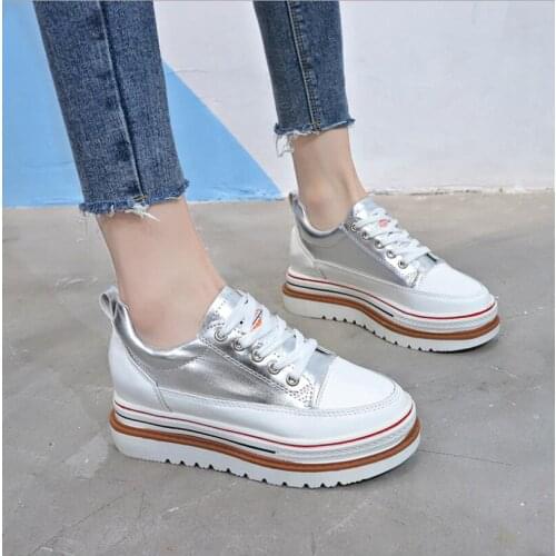 Gold Silver Laser Chunky Sneakers Women Fashion 2020 Spring Heels Platform Vulcanize Shoes Woman Casual Lace Up Flat With