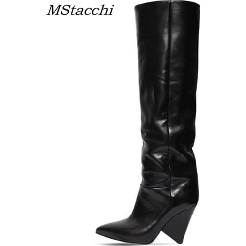 MStacchi High Heel Soft Leather Pointed Toe Botas Solid Europe Popular Women Over The Knee Boots Winter Thigh High Boots Women