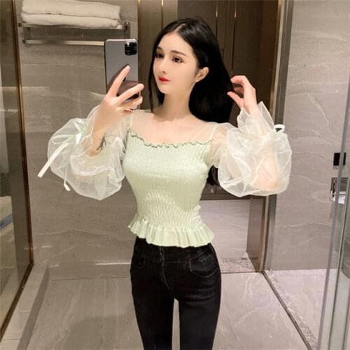 Woman Sweaters Pullover Womens Patchwork Mesh Sweater Spring Square Collar Pullover Femme Chandails