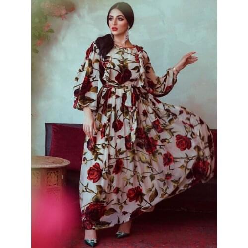 Rose Print Maxi Dress for Women Ruffles Front Long Balloon Sleeves Dubai Arabic Muslim Fashion Abaya Party Evening Eid Ramadan