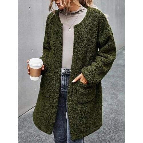 Women Vintage Thick Plush Solid Pockets Warm Sweater Coat Long Sleeve O Neck Casual Coat 2020 Winter New Fashion Women Long Coat
