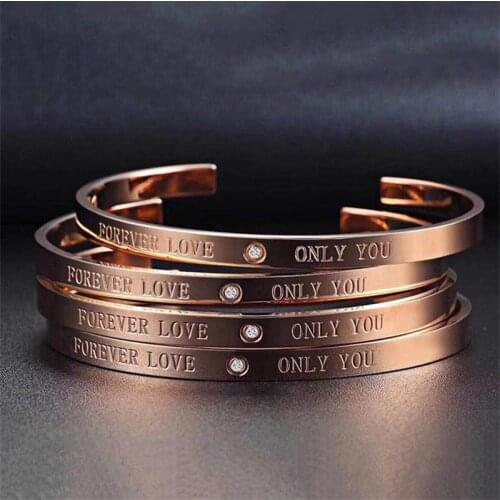 10pcs)Women C Style Open Rose Gold Stainless Steel Bracelet Bangle with forever only you logo white CZ for Gife