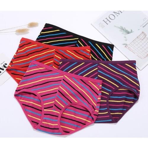 CSYWHS Womens Cotton Big Size Briefs Striped Comfortable Breathable Panties Sexi Underwear Female Panty Lingerie Intimate 3pcs