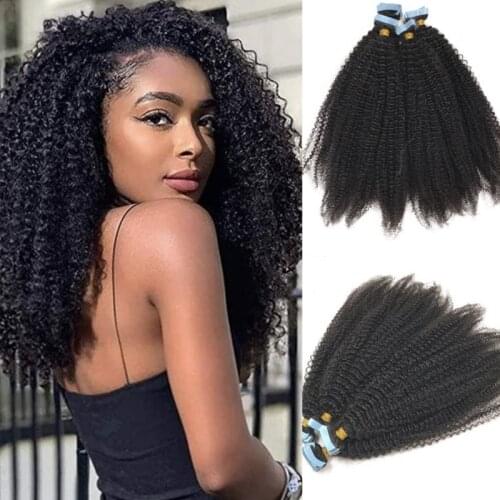 4B 4C Afro Kinky Curly Tape Hair Extensions 40pcs/100g Mongolian Curly Remy Human Hair Tape In Extensions Brown Black Color