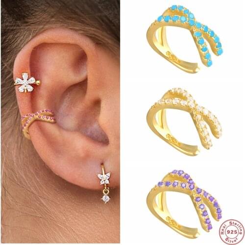 Aide 925 Sterling Silver Colorful Crystal Mosaic Ear Cuffs For Women Minimalist X Cross Shape Clip Earrings Non Pierced Jewelry