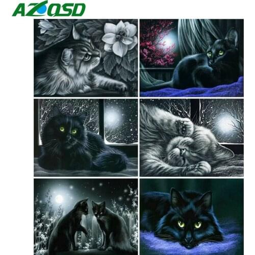 AZQSD 5D Diy Diamond Painting Cat Black Mosaic Diamond Embroidery Animals Landscape Cross Stitch Rhinestones Decor Gift