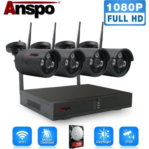 Anspo Black Wireless Security Camera System 4CH HD 1080P CCTV WIFI Kit NVR Outdoor With HDD
