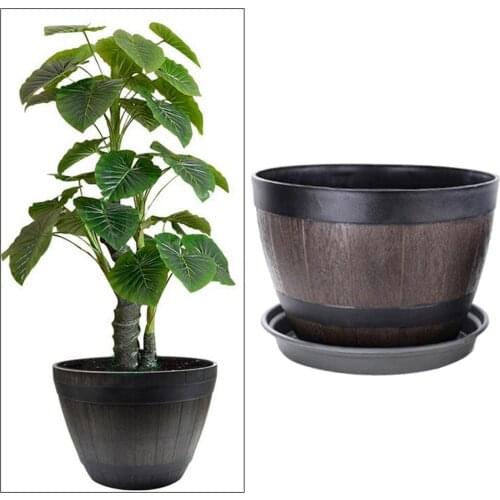 Resin Barrel Flower Pot 11.5inch Outdoor Garden Planter Container