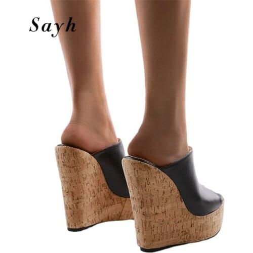 16CM High Heels 2020 Fashion Platform Wedge Sandals Pu Leather Super High Heels Shoes Runway Mules Slippers Peep Toe Pumps