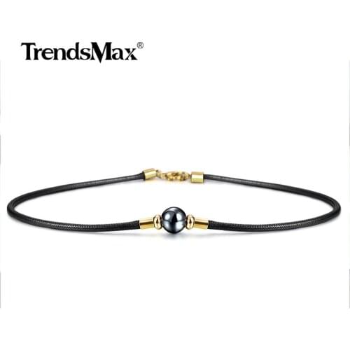 Trendsmax Hematite Metal Bead Charm Leather Choker Necklace for Men Women Punk Choker Chain Jewelry Gift DN164