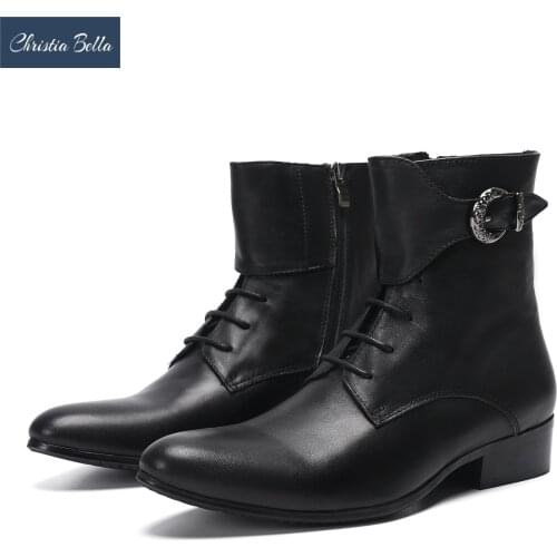 Christia Bella Winter Fashion Cowboy Men Boots Black Genuine Leather Ankle Boots Buckle Lace Up Motorcycle Short Boots Shoes