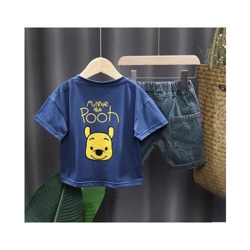 Childrens Clothing Set Summer New Baby Boys Girls Short Sleeve Jeans Two Piece Suit 0-6Y Kids Cartoon Pooh Sports Tracksuit