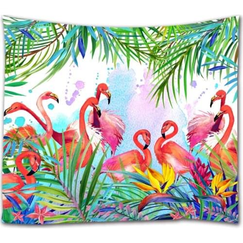 Flamingoes on Tropical Palm Leaves Flowers Watercolor Wall Tapestries