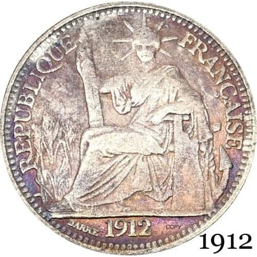 France French Indochina 1912 Barre 10 Cent Centimes Piastre Copy Coin Cupronickel Silver Plated Republica Francaise Replica