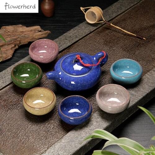 Ceramic Kung Fu Tea Set Teaware Ice Cracked Glaze One Teapot Six Teacups Chinese Tea Set Tea Pot and Cup Set Tea Cup Set of 6