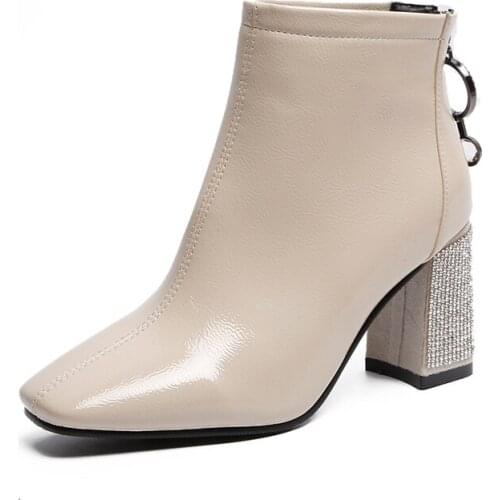 Leather Short Martin Boots Female Rhinestone Thick With Back Zipper Tide Korean Version Square Head High-heeled Shoes