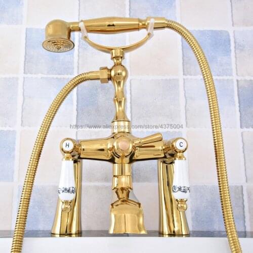 Bathtub Faucet Gold Color Brass Deck Mounted Bathroom Tub Faucet Dual Handle W/ Hand Shower Sprayer Tub Mixer Tap Ntf780