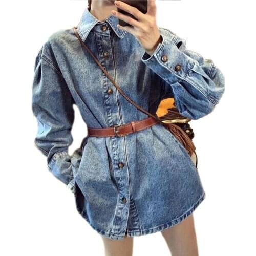 Autumn Winter Belt Thick Denim Jacket Shirt Women Long Sleeved Harajuku BF Loose Warm Top Coat Bottoming Shirt Coat