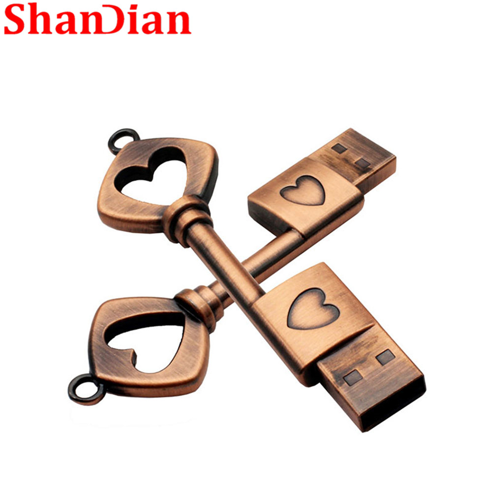 SHANDIAN Metal Love Heart Key USB2.0 Flash Drive 4GB 8GB 16GB 32GB 64GB 128GB Pen Drives Memory Stick Fashion Gift Real Gapacity