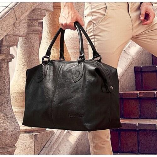 Fashion Genuine Leather men travel bag Carry on Luggage bag men Leather Duffel bag Overnight Weekend bag big Tote Handbag Black
