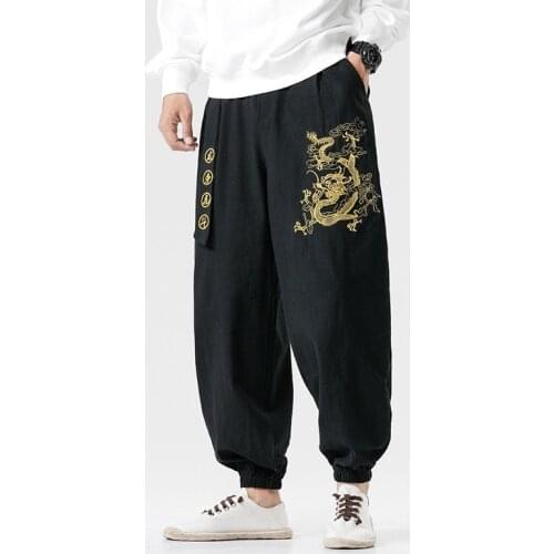 Zen Tea Men Chinese Style Embroidery Dragon Kung Fu Harem Pants Japanese Fashion Sports Casual Trousers Dance Streetwear KK3606
