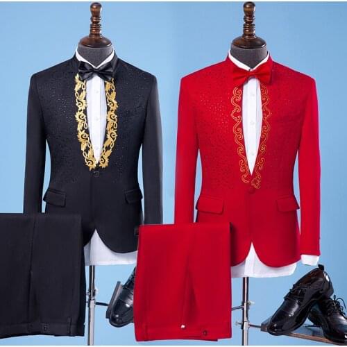 2019 Stand Collar Crystals Mens Suits Singer Host Costume Chorus Performance Stage Outfits Wedding Master Show Red Black Suit