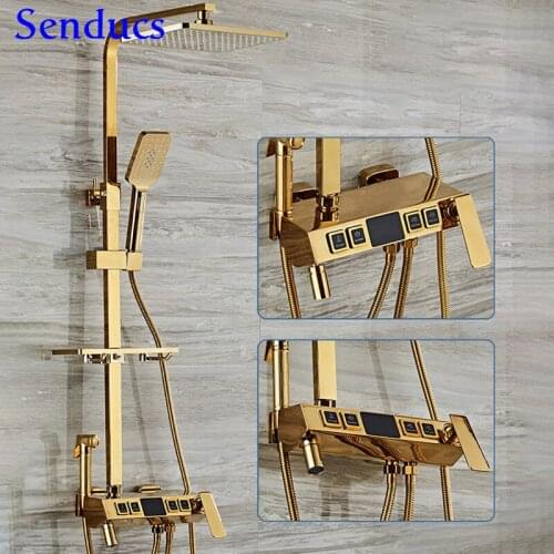 Bathroom Shower Set 12 Inch Rainfall Shower Head Gold Bath Shower System Quality Brass Bathroom Faucet Thermostatic Shower Set