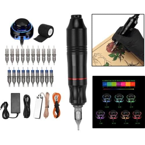 Tattoo Pen Kit Rotary Tattoo Machine 20 Mixed Cartridge Needles for Beginers Black Tattoo Kit Power Supply Gun Machine