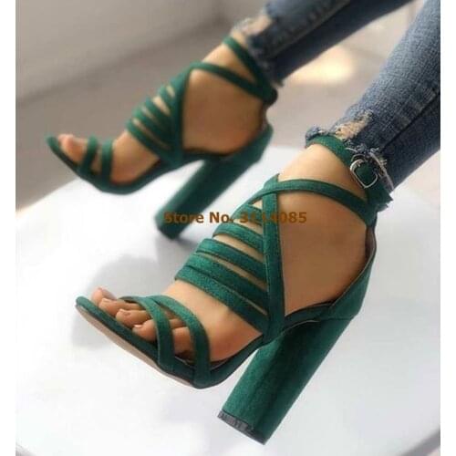 Newest Women Chunky Heels Summer Sandals Green Black Suede Cross Strappy Cage Shoes Buckle Strap Hollow Cut Pumps Dropship Shoes