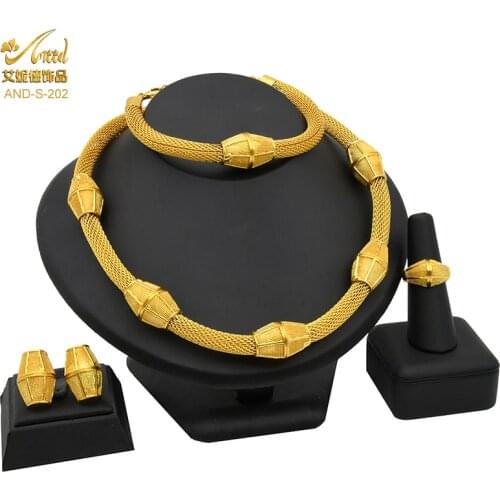 New Nigerian Wedding Jewelry Set Gold Plated Net Chain Collares Necklace Bracelets Earring Sets Bridal Dubai Luxury Jewellery