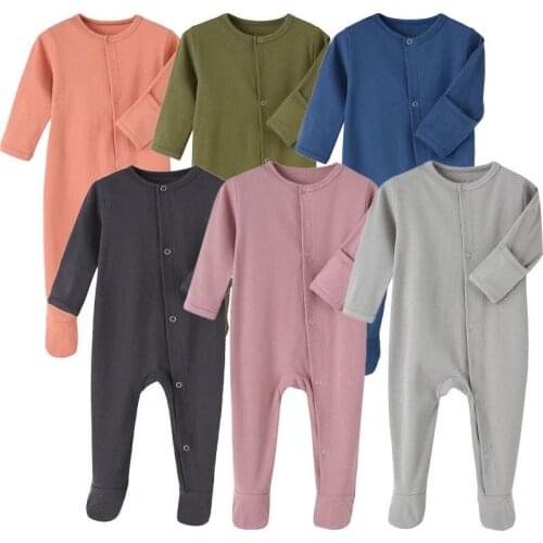 2020 Autumn Baby Clothes Solid Cotton Long Sleeve Baby Boys Girls Babygrows Newborn Infant Romper Suit Baby Footies 6 Colours
