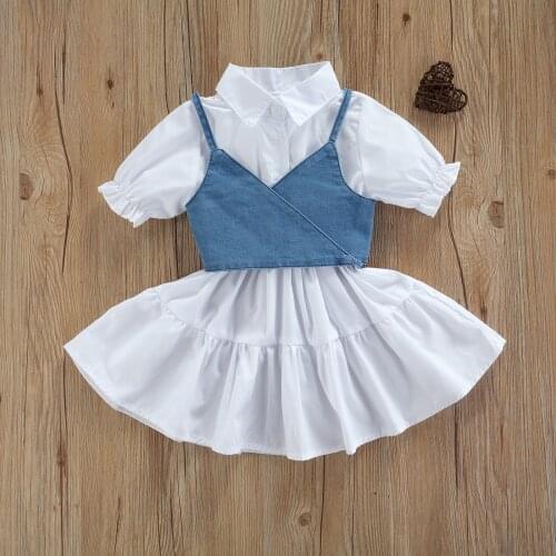 1-6T Summer Baby Girls Dresses Kids Toddler Short Sleeve Dress+Denim Vest Set Adjustable Bandage with Ruffle Decoration Outfits